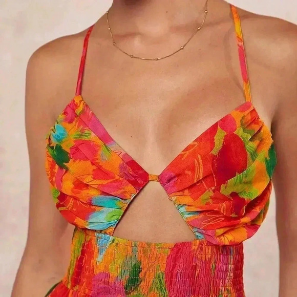 Multicolor Boho Women's Tropical Tiered Hem Backless Dress - Picture 4 of 5